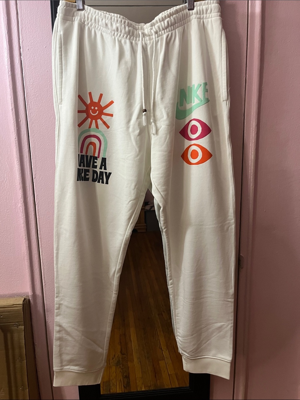 Nike white Graphic 'Have A Nike  Day' Sweatpants with Mint & Orange Accents